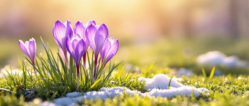 Purple Crocuses Blooming in a Patch of Sunlight Through Melting Snow - Powered by Adobe
