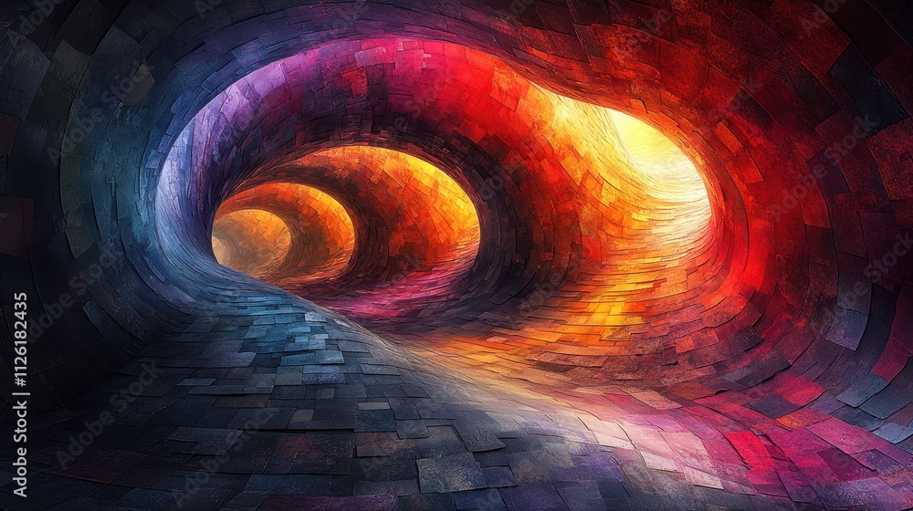 Poster colorful abstract tunnel with vibrant hues and dynamic patterns creating depth and movement