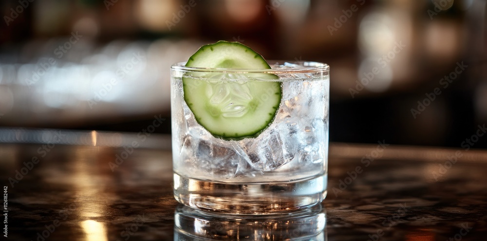 Poster a refreshing drink with ice and a cucumber slice, served in a clear glass.