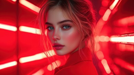 Naklejka premium Captivating portrait of a young woman in a vibrant red-lit environment