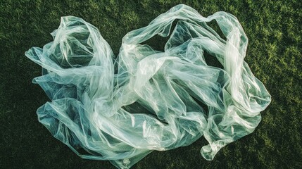 Fototapeta premium A heap of transparent plastic bags tangled together on a grassy surface, symbolizing pollution