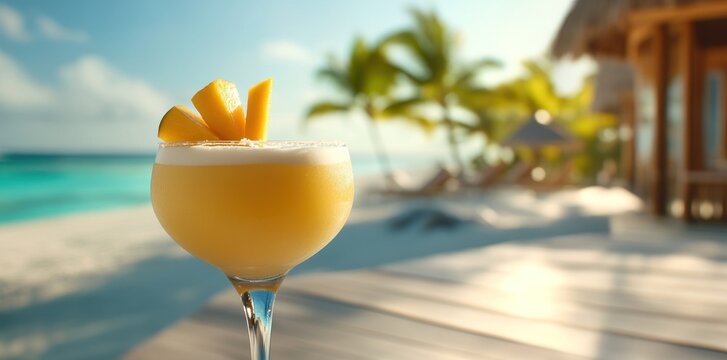 A refreshing tropical drink garnished with mango, set against a beachside backdrop.