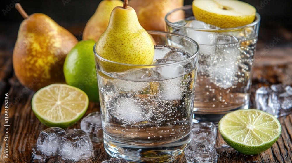 Poster refreshing drinks with pears and lime on a rustic wooden surface.