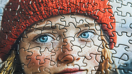 Young person with striking blue eyes and freckles, viewed through a colorful puzzle piece design in a cozy space