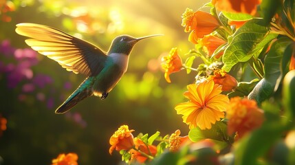 Obraz premium Vibrant Hummingbird Hovering Near Bright Flowers