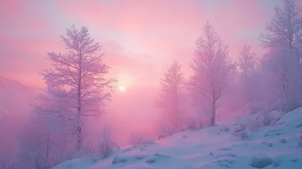 Fototapeten Winter scene with pastel sky and white trees at sunset in a serene landscape © PixPro Studios