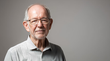 Fototapeta premium Man with glasses and a white shirt is standing in front of a gray wall