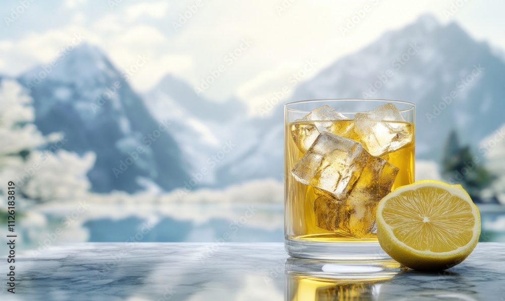 Poster a refreshing drink with ice and lemon set against a serene mountain backdrop.