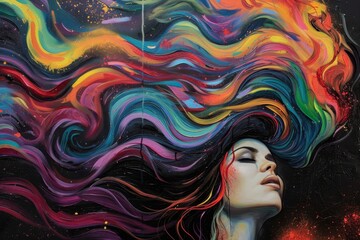 A stunning mural displays a woman's face with vibrant, swirling hair in various colors, set against a dark wall in a lively urban environment, celebrating creativity.