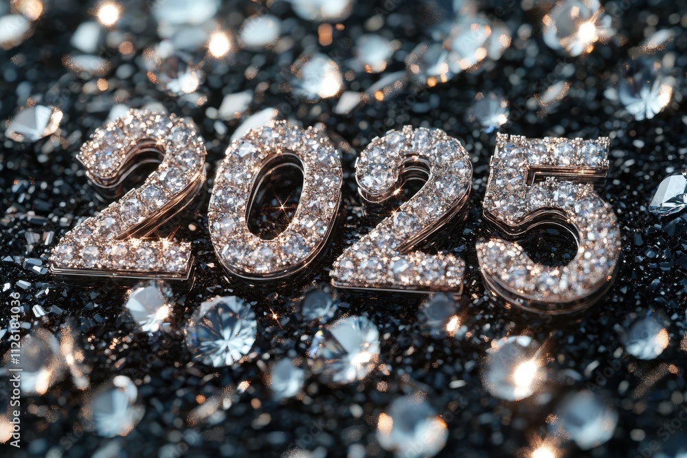 Poster shiny diamond numbers display representing the year 2025 on a dark sparkling background