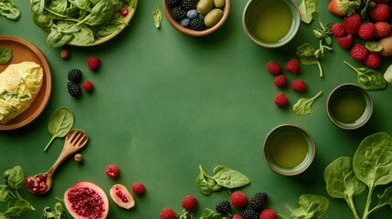 A vibrant display of fresh ingredients and a healthy omelet on a green background.