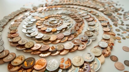 A mesmerizing spiral of cash and coins, artfully arranged on a white surface, symbolizing abundance,