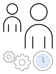 Fototapeta premium Two human figures, gears, and a clock suggesting collaboration and productivity. Ideal for business, teamwork, project management, time management, workflow efficiency, company organization task