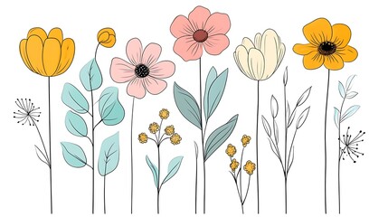 Naklejka premium A single line drawing of various flowers in paste pattern background