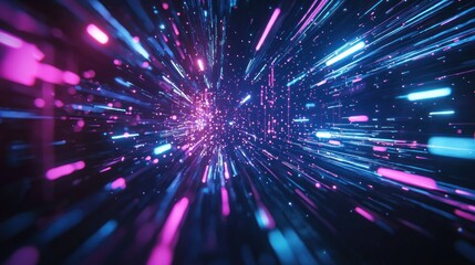 Fototapeta premium Neon Lightspeed Hyper Tunnel: A Digital Journey Through a Futuristic Cosmos