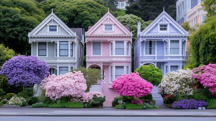 Brightly colored three-story Victorian-style houses with intricate architectural details and ornate facades. A vibrant and charming street scene showcasing historical elegance and lively design.