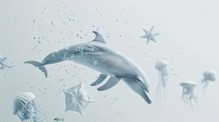 A minimalist composition of marine animals, such as a dolphin, starfish, and jellyfish, elegantly set against a clean white background,