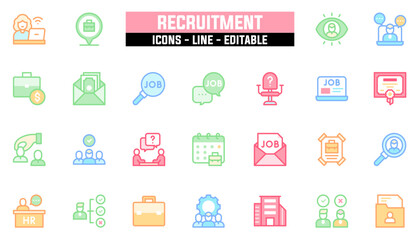 Set of 25 line icons recruitment. Editable stroke. Vector illustration