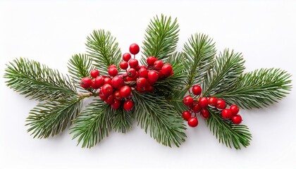 Christmas tree branch pine berries red on isolated white background