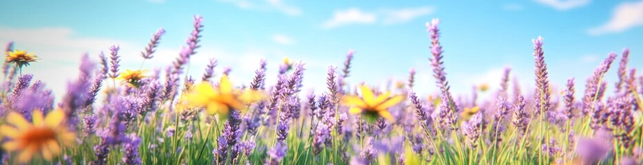 Naklejka premium A vibrant field of lavender and yellow flowers under a bright blue sky.