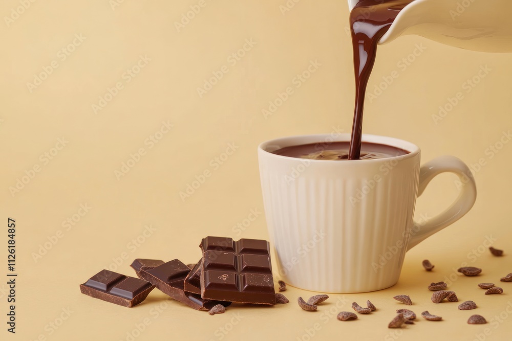 Poster A cup of hot chocolate with chocolate pieces and cocoa nibs on a soft background.