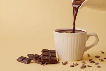 A cup of hot chocolate with chocolate pieces and cocoa nibs on a soft background.