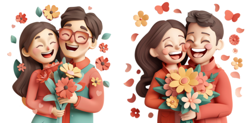 Happy Couples Holding Flowers in Cheerful Floral Background Isolated on Transparent Background
