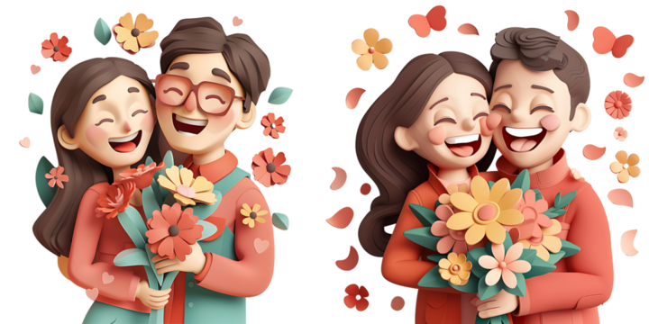 Happy Couples Holding Flowers in Cheerful Floral Background Isolated on Transparent Background