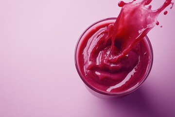A vibrant drink splashing in a glass against a pink background.