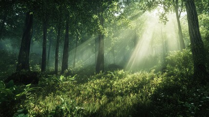 Obraz premium Sunbeams Illuminate Lush Green Forest Undergrowth