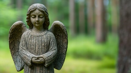 Always loved and remembered. A serene angel statue amidst a lush green forest environment.