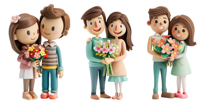 Set of Happy Couples Holding Flowers in Colorful Cartoon Style Isolated on Transparent Background