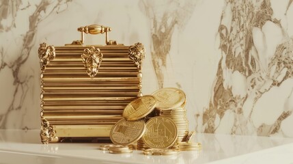 A regal setup of gold coins, stacked neatly beside a treasure chest on a clean white surface,