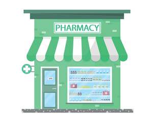 Icon of a pharmacy building with various medicines on display. Banner for World Pharmacist Day.