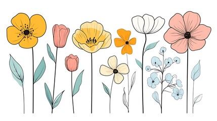 Fototapeta premium A single line drawing of various flowers in paste pattern background