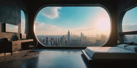 Fototapeta premium Spacious bedroom with a large bed and city skyline view