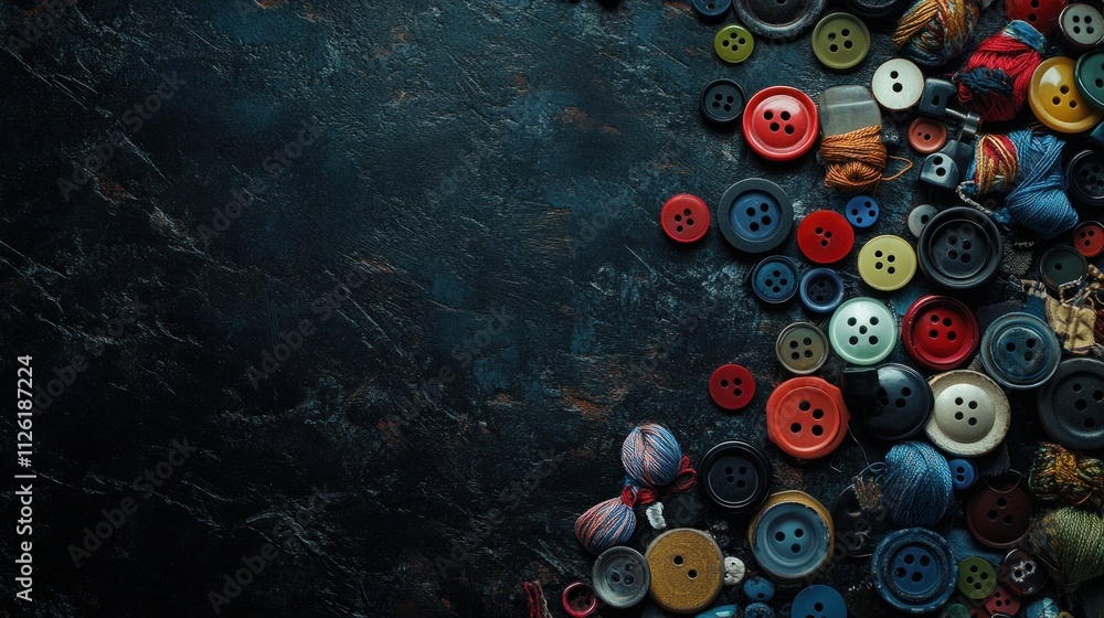 Poster a collection of colorful buttons and yarn arranged on a textured surface.