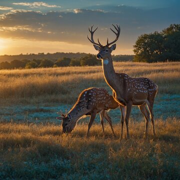 liht blue background  A serene field with grazing deer, illuminated by the soft, golden rays of a setting sun.