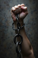 Male hand clutching heavy rusted chains in a dark setting