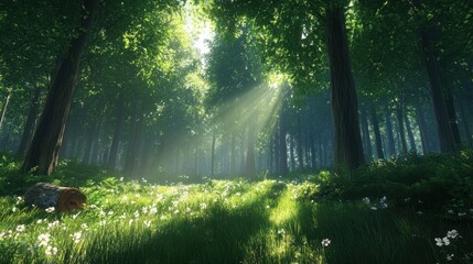 Obraz premium Sunlit Forest Path With White Flowers And Green Trees