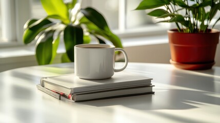 Morning coffee break cozy home office still life bright natural light relaxing atmosphere