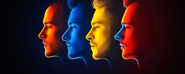 Group of men with different colored faces. The faces are in different colors and are arranged in a row