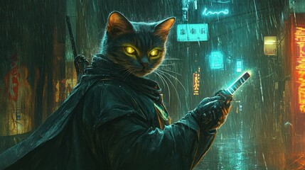 Cyberpunk Cat Stands In Rainy City Night