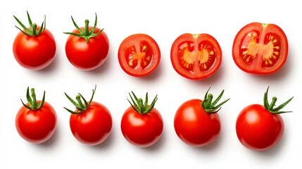 Row of red tomatoes with one of them cut in half. Concept of abundance and freshness, as well as the idea of a healthy and nutritious food source