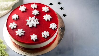 Layered mousse cake in red and white colors, decorated with sugar snowflakes for a festive winter look