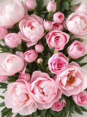 A beautiful arrangement of pink peonies and roses, perfect for background design or greeting cards, copy space