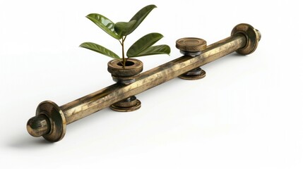 A symbolic representation of money growth, with a plant sprouting from a stack of coins, elegantly placed on white,