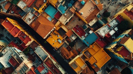 Obraz premium Aerial view of a vibrant Latin American city, colorful buildings, bustling street life, 