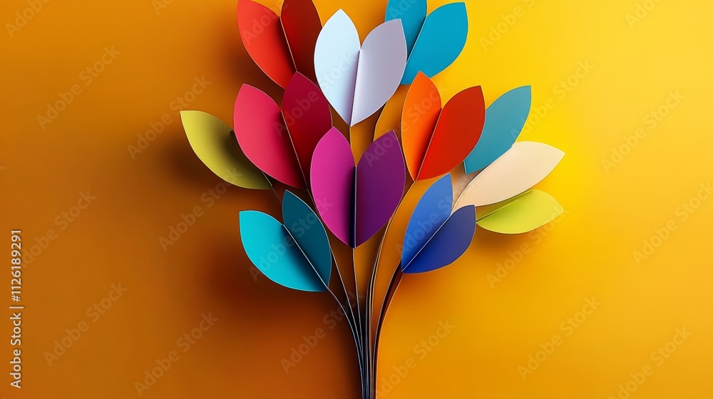 Poster colorful tree made of paper leaves is displayed on a yellow background. the tree is made up of many 