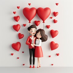 Cute Cartoon Couple with Heart Balloons Against Plain Background